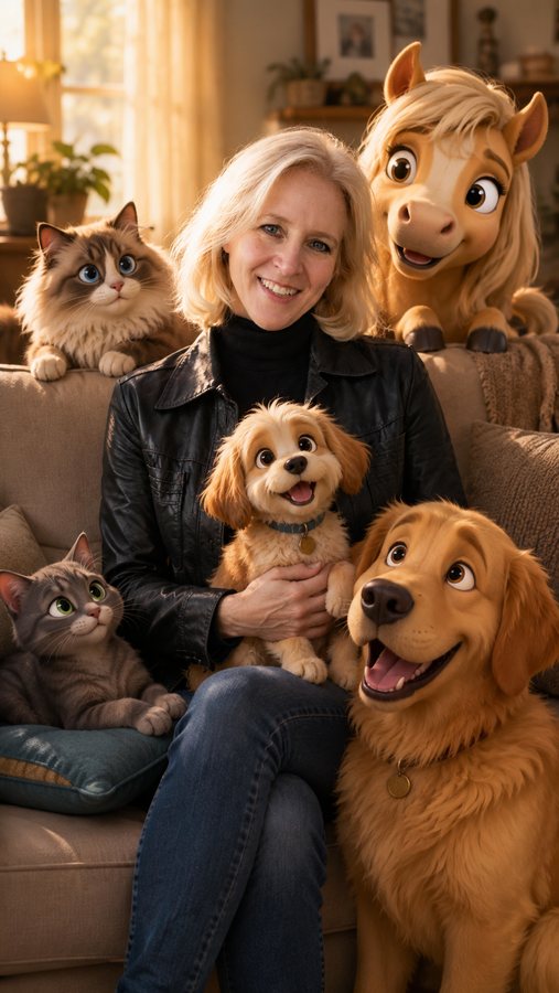 Natalie auf dem Sofa mit einem animierten Hund auf dem Schoß, zwei Katzen und einem Pferd um sie herum